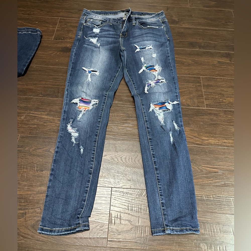 Judy Blue distressed skinny jeans with serape accents